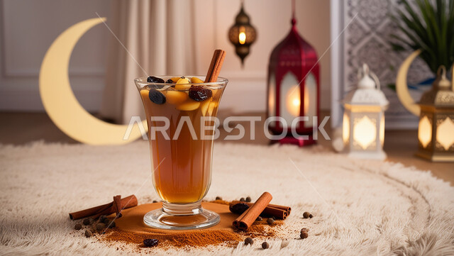 حسن الضيافة وكرم الإستقبال في شهر رمضان في المملكة العربية السعودية، جودة المنتجات المحلية الوطنية، الاستمتاع بالمشروبات الساخنة، فانوس معدني مزخرف مضيء، الاحتفال بالمناسبات والأعياد الاسلامية، عصير طازج مع القرفه