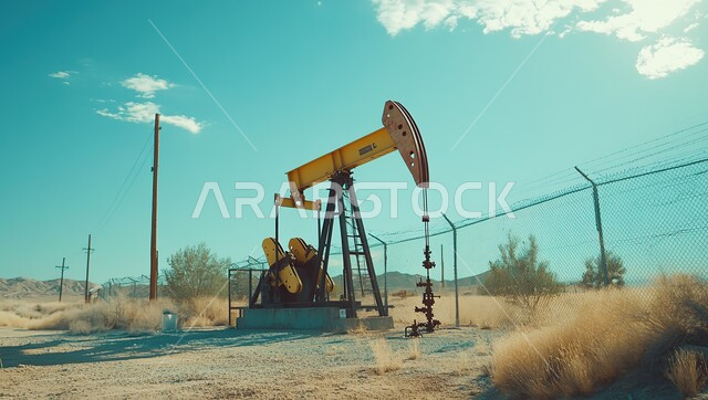 Extracting and exporting underground resources, an excavator exploring for oil amid sand dunes in desert areas, huge drilling machines, quality industrial tools and equipment, petroleum storage centers in the deserts of the Kingdom of Saudi Arabia, an oil platform for extracting oils.