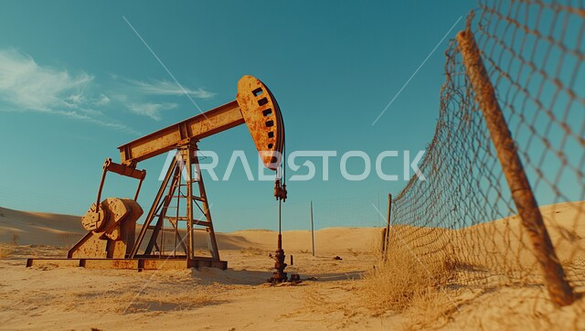  حفارة تقوم بالتنقيب عن النفط وسط الكثبان الرملية في المناطق الصحراوية, آلات حفر ضخمة, جودة الأدوات والمعدات الصناعة، مراكز تخزين البترول في صحارى المملكة العربية السعودية، منصة نفط لاستنباط الزيوت، استخراج وتصدير الثروات الباطنية