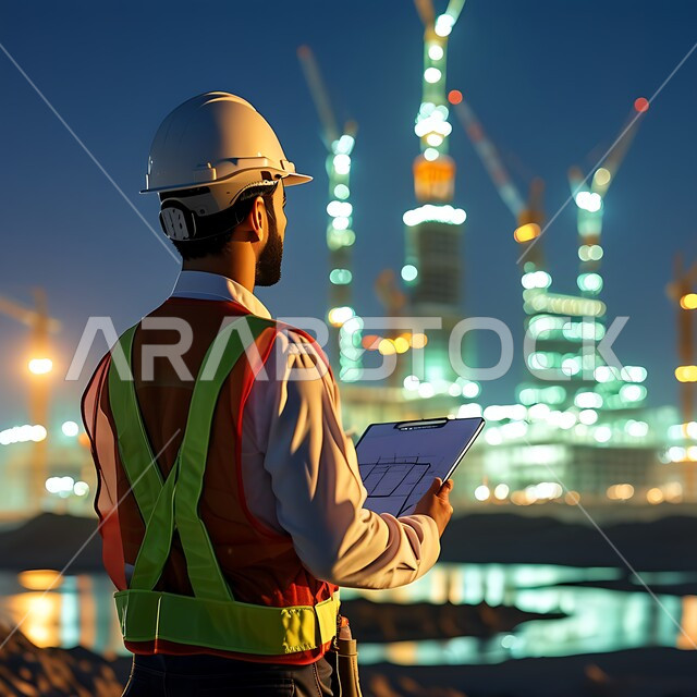 The concept of structural engineering, working in the engineering sector, construction with the help of the sons of the homeland, engineering professions and jobs in Saudi Arabia, monitoring and supervising the progress of work, a picture from the back of a Saudi Arabian Gulf engineer wearing a protective jacket and helmet holding construction plans in his hand