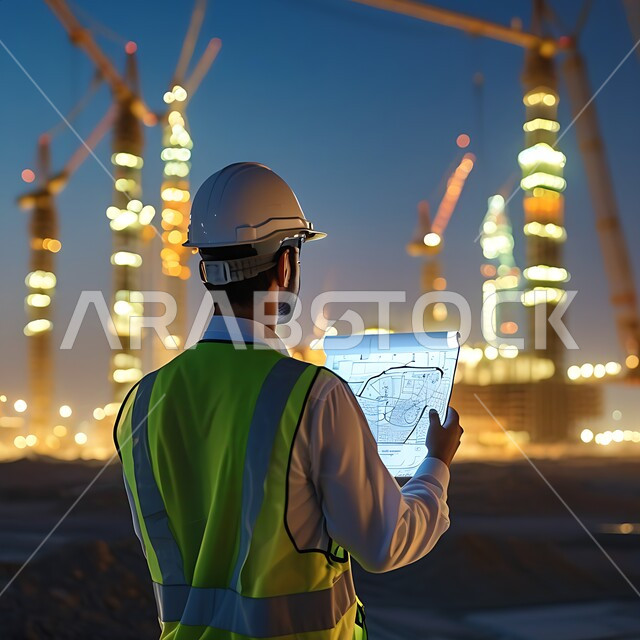 الإعمار بسواد أبناء الوطن, مفهوم الهندسة الإنشائية, العمل في القطاع الهندسي, مهن ووظائف هندسية في السعودية, المتابعة والإشراف على سير الأعمال, صورة من الخلف لمهندس عربي خليجي سعودي يرتدي سترة وخوذة الحماية يمسك بيده مخططات البناء