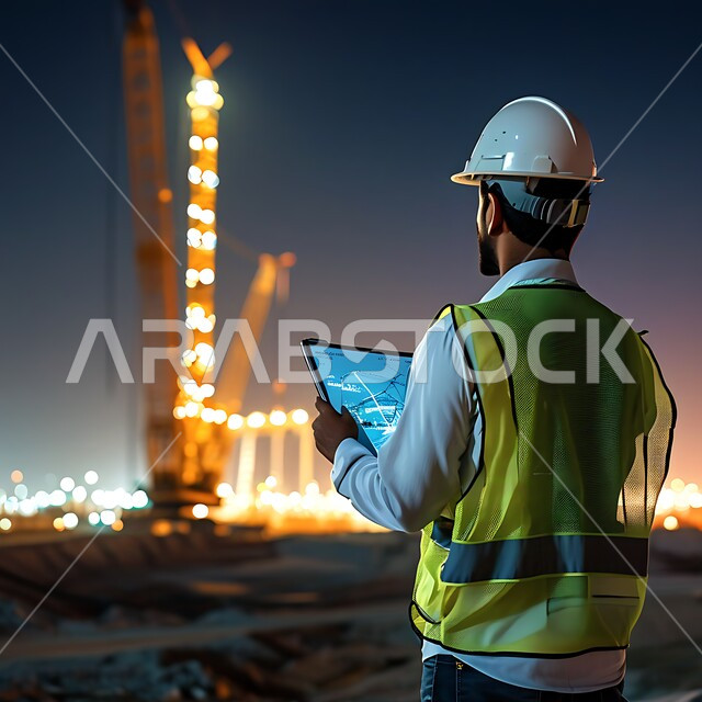استخدام التقنيات الحديثة, مهن ووظائف هندسية في السعودية, العمل في القطاع الهندسي, مفهوم الهندسة الإنشائية, المتابعة والإشراف على سير الأعمال, صورة من الخلف لمهندس عربي خليجي سعودي يرتدي سترة وخوذة الحماية يمسك بيده الجهاز اللوحي