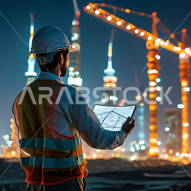 مهن ووظائف هندسية في السعودية, العمل في القطاع الهندسي, استخدام التقنيات الحديثة, مفهوم الهندسة الإنشائية, المتابعة والإشراف على سير الأعمال, صورة من الخلف لمهندس عربي خليجي سعودي يرتدي سترة وخوذة الحماية يمسك بيده الجهاز اللوحي