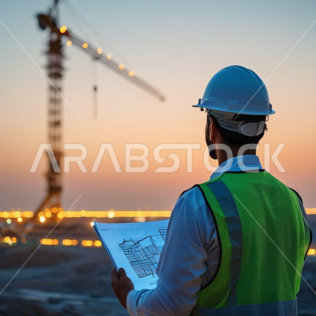 المتابعة والإشراف على سير الأعمال, مهن ووظائف هندسية في السعودية, العمل في القطاع الهندسي, الإعمار بسواد أبناء الوطن, مفهوم الهندسة الإنشائية, صورة مقربة من الخلف لمهندس عربي خليجي سعودي يرتدي سترة وخوذة الحماية يمسك بيده مخططات البناء