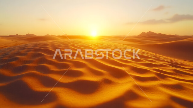 التشكيلات والتضاريس الصخرية في المناطق الصحراوية, التكوينات والكثبان الرملية, منظر غروب الشمس في صحاري المملكة العربية السعودية, الرمال الذهبية الناعمة في الصحراء, الطبيعة والبيئة الجافة والقاسية