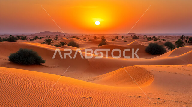 منظر غروب الشمس في صحاري المملكة العربية السعودية, الرمال الذهبية الناعمة في الصحراء, الطبيعة والبيئة الجافة والقاسية, التشكيلات والتضاريس الصخرية في المناطق الصحراوية, التكوينات والكثبان الرملية