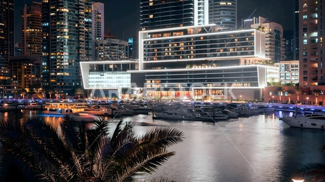 المباني والمنشآت المضيئة ليلا في مارينا دبي, الفن الهندسي المعماري لبناء الأبراج وناطحات السحاب على الطراز الحديث, الأماكن السياحية الساحلية المشهورة في الإمارات العربية المتحدة, جذب واستقطاب السياح من جميع أنحاء العالم