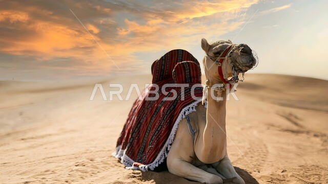 جمل يجلس على الرمال الذهبية الناعمة في الصحراء, محميات طبيعية لتربية الجمال في المناطق الصحراوية, التشكيلات والتكوينات والكثبان الرملية, مزارع للاهتمام بالابل في صحاري المملكة العربية السعودية, رعاية الثدييات والمواشي