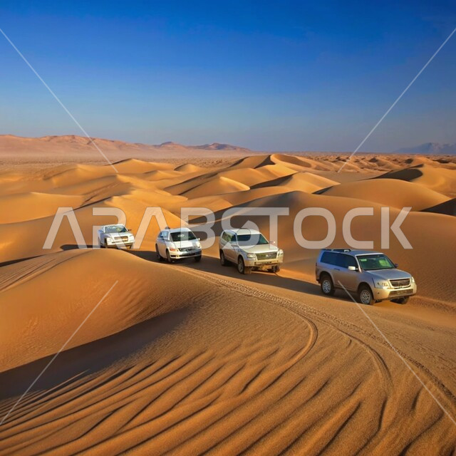 مغامرات سفاري على الكثبان الرملية، نشاط صحراوي ممتع، مجموعة من سيارات الدفع الرباعي ( التطعيس ) وسط الصحراء، مغامرة شيقة في البيئة الصحراوية, الاستمتاع بممارسة الهوايات والأنشطة الترفيهية في مناطق صحراء المملكة العربية السعودية