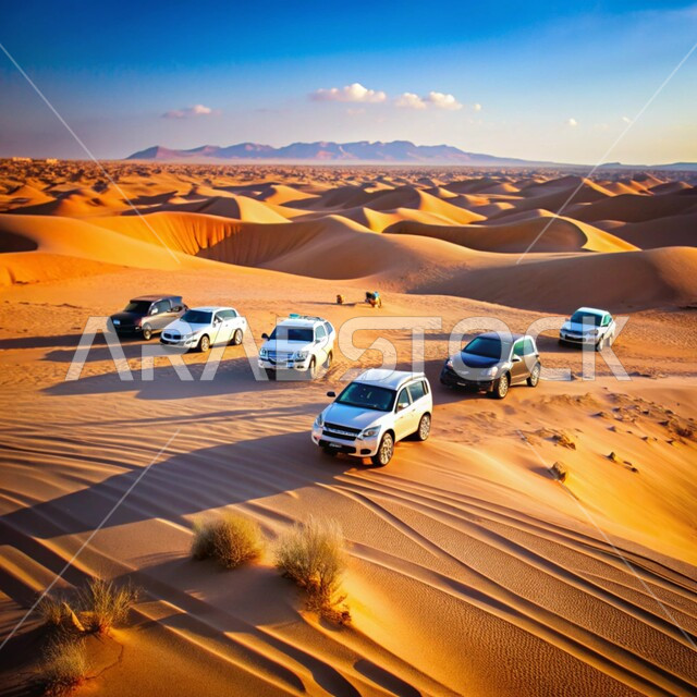 مجموعة من سيارات الدفع الرباعي ( التطعيس ) وسط الصحراء، مغامرة شيقة في البيئة الصحراوية, الاستمتاع بممارسة الهوايات والأنشطة الترفيهية في مناطق صحراء المملكة العربية السعودية، نشاط صحراوي ممتع، مغامرات سفاري على الكثبان الرملية