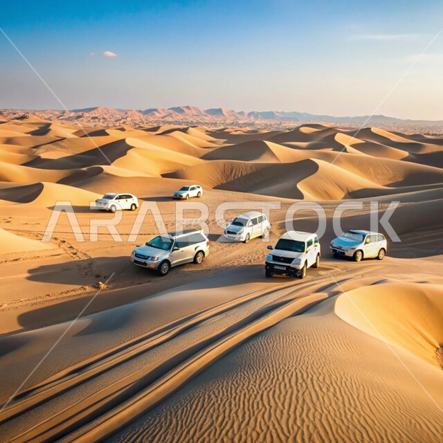 An exciting adventure in the desert environment, enjoying hobbies and recreational activities in the desert areas of the Kingdom of Saudi Arabia, a group of four-wheel drive vehicles (dune bashing) in the middle of the desert, an enjoyable desert activity, safari adventures on the sand dunes