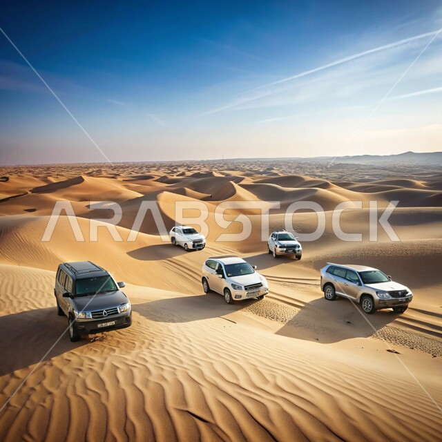 الاستمتاع بممارسة الهوايات والأنشطة الترفيهية في مناطق صحراء المملكة العربية السعودية، مغامرة شيقة في البيئة الصحراوية, مجموعة من سيارات الدفع الرباعي ( التطعيس ) وسط الصحراء، نشاط صحراوي ممتع، مغامرات سفاري على الكثبان الرملية