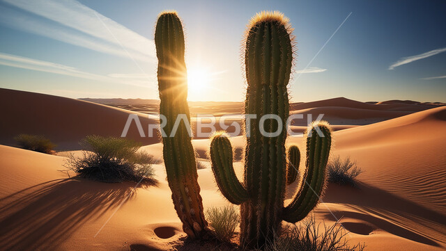 مجموعة من نبات الصبار الشوكي في المناطق الصحراوية،  نمو الشوكيات والأعشاب في براري المملكة العربية السعودية، الرمال الذهبية الناعمة، النباتات الشوكية البرية في المحميات الطبيعية