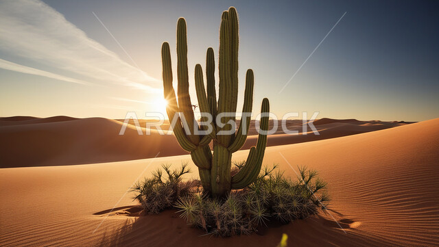 الرمال الذهبية الناعمة، النباتات الشوكية البرية في المحميات الطبيعية، مجموعة من نبات الصبار الشوكي في المناطق الصحراوية،  نمو الشوكيات والأعشاب في براري المملكة العربية السعودية