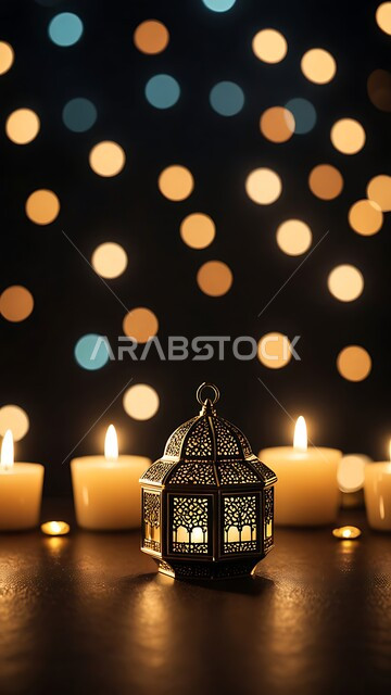 الاحتفال بالمناسبات والأعياد الدينية الإسلامية, فانوس مزخرف معدني مضيء محاط بمجموعة من الشموع, ديكورات وزينة وأنوار الشهر الفضيل، أضواء ومصابيح عربية تقليدية, الأجواء الروحانية في الأيام الفضيلة, الاستعداد لاستقبال رمضان المبارك