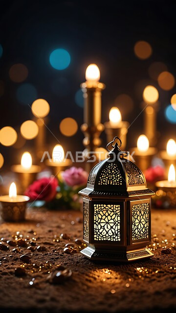 فانوس مزخرف معدني مضيء محاط بمجموعة من الشموع, ديكورات وزينة وأنوار الشهر الفضيل، أضواء ومصابيح عربية تقليدية, الاحتفال بالمناسبات  والأعياد الدينية الإسلامية, الأجواء الروحانية في الأيام الفضيلة, الاستعداد لاستقبال رمضان المبارك