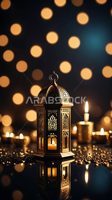 أضواء ومصابيح عربية تقليدية, فانوس مزخرف معدني مضيء محاط بمجموعة من الشموع, ديكورات وزينة وأنوار الشهر الفضيل، الاحتفال بالمناسبات  والأعياد الدينية الإسلامية, الأجواء الروحانية في الأيام الفضيلة, الاستعداد لاستقبال رمضان المبارك