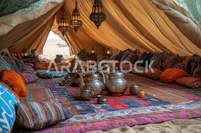 Youth camping and desert session, preparing to welcome the holy month of Ramadan, decorations, ornaments and lights for the holy month, tourist camps in the wilderness areas, spiritual atmosphere in the holy days, a popular Bedouin tent with a group of lanterns in the middle of the desert, camping in the deserts of the Kingdom of Saudi Arabia