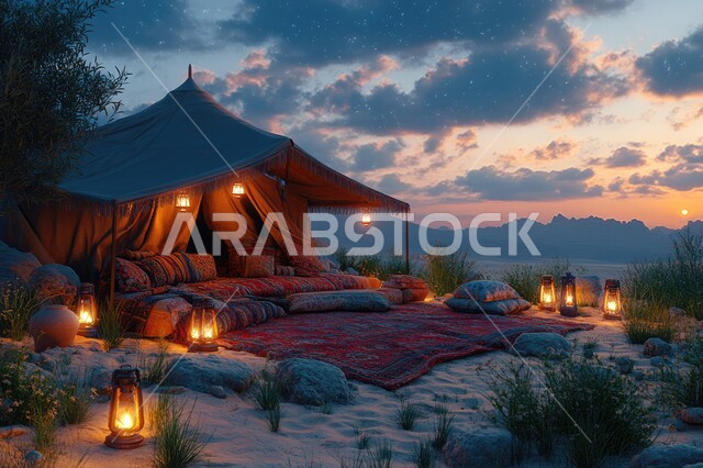 Preparing to welcome the holy month of Ramadan, decorations, ornaments and lights for the holy month, tourist camps in the wilderness, spiritual atmosphere in the holy days, a popular Bedouin tent with a group of lanterns in the middle of the desert, a youth camp and desert session, camping in the deserts of the Kingdom of Saudi Arabia