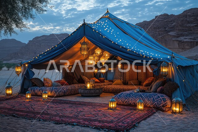 ديكورات وزينة وأنوار الشهر الفضيل، مخيمات سياحية في المناطق البرية، الأجواء الروحانية في الأيام الفضيلة, خيمة بدوية شعبية مع مجموعة من الفوانيس وسط الصحراء، كشتة وجلسة بر شبابية، التخييم في صحاري المملكة العربية السعودية، الاستعداد لاستقبال رمضان المبارك