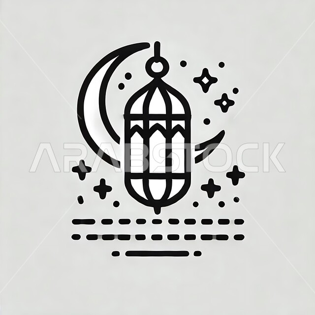 الاحتفال بالمناسبات والأعياد الدينية الإسلامية, الاستعداد لاستقبال رمضان المبارك، الأجواء الروحانية في الأيام الفضيلة, أضواء ومصابيح عربية تقليدية, رسوم توضيحية باللون الأسود لفانوس مزخرف, ديكورات وزينة الشهر الفضيل، خلفية بيضاء