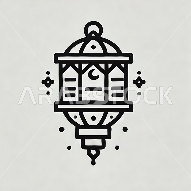ديكورات وزينة الشهر الفضيل، أضواء ومصابيح عربية تقليدية, رسوم توضيحية باللون الأسود لفانوس مزخرف, الاحتفال بالمناسبات والأعياد الدينية الإسلامية, الأجواء الروحانية في الأيام الفضيلة, الاستعداد لاستقبال رمضان المبارك، خلفية بيضاء
