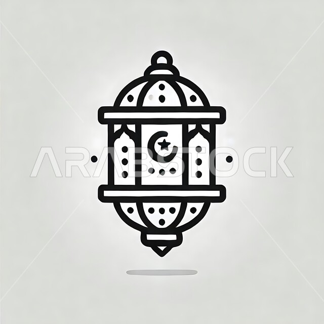 أضواء ومصابيح عربية تقليدية, رسوم توضيحية باللون الأسود لفانوس مزخرف, ديكورات وزينة الشهر الفضيل، الاحتفال بالمناسبات والأعياد الدينية الإسلامية, الأجواء الروحانية في الأيام الفضيلة, الاستعداد لاستقبال رمضان المبارك، خلفية بيضاء