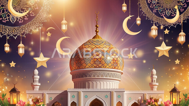 الفوانيس المعدنية المعلقة, مفهوم العبادة والتقرب إلى الله تعالى, زينة الأعياد والمناسبات الدينية, هلال شهر الخير, رسوم توضيحية ثلاثية الأبعاد لقبب المساجد الإسلامية, الديكورات والتصاميم الهندسية المميزة في رمضان المبارك