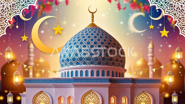 زينة الأعياد والمناسبات الدينية, هلال شهر الخير, رسوم توضيحية ثلاثية الأبعاد لقبب المساجد الإسلامية, الفوانيس المعدنية المعلقة, مفهوم العبادة والتقرب إلى الله تعالى, الديكورات والتصاميم الهندسية المميزة في رمضان المبارك