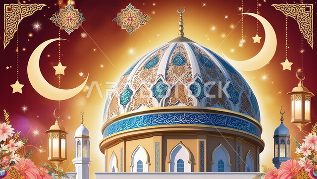 Crescent moon of the month of goodness, 3D illustrations of Islamic mosque domes, hanging metal lanterns, the concept of worship and drawing closer to God Almighty, decorations for religious holidays and occasions, distinctive geometric decorations and designs in the blessed month of Ramadan