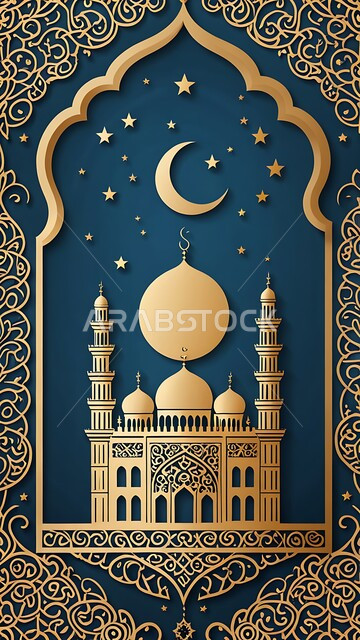 الديكورات والتصاميم الهندسية المميزة في رمضان المبارك، قالب تهنئة بقدوم شهر الخير، مفهوم العبادة والتقرب إلى الله تعالى, زينة الأعياد والمناسبات الدينية, رسوم توضيحية ثلاثية الأبعاد للهلال والمآذن والقبب في المساجد الإسلامية
