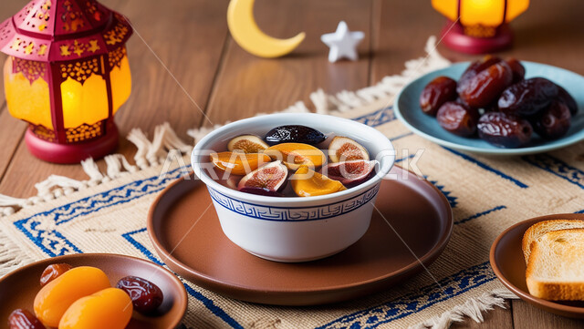  الاحتفال بالمناسبات والأعياد الاسلامية، طبق من الخشاف السعودي المليء بالفواكه المجففة، كرم الإستقبال وحسن الضيافة في شهر رمضان في المملكة العربية السعودية، جودة المنتجات المحلية الوطنية، فانوس معدني مزخرف مضي
