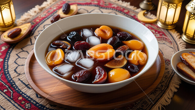 جودة المنتجات المحلية الوطنية، فانوس معدني مزخرف مضيء، الاحتفال بالمناسبات والأعياد الاسلامية، طبق من الخشاف السعودي المليء بالفواكه المجففة، كرم الإستقبال وحسن الضيافة في شهر رمضان في المملكة العربية السعودية