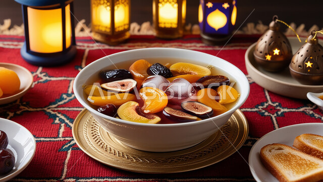 كرم الإستقبال وحسن الضيافة في شهر رمضان في المملكة العربية السعودية، جودة المنتجات المحلية الوطنية، فانوس معدني مزخرف مضيء، الاحتفال بالمناسبات والأعياد الاسلامية، طبق من الخشاف السعودي المليء بالفواكه المجففة