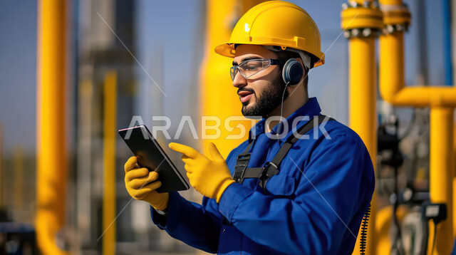 متابعة سير الاعمال في المصانع والمعامل عبر الجهاز اللوحي، صوره مقربه  لمهندس عربي خليجيي سعودي يعمل في مصنع تكرير النفط ، العمل في مجال الصناعات والمشاريع البيتروكيماوية، خطوط الأنابيب والكابلات الفولاذية، مفهوم إنتاجية الغاز في المملكة العربية السعودية