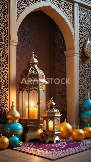 الأجواء الروحانية في الأيام الفضيلة, الاستعداد لاستقبال رمضان المبارك، الاحتفال بالمناسبات والأعياد الدينية الإسلامية, فانوس مزخرف معدني مضيء محاط بمجموعة من الشموع, ديكورات وزينة وأنوار الشهر الفضيل، أضواء ومصابيح عربية تقليدية