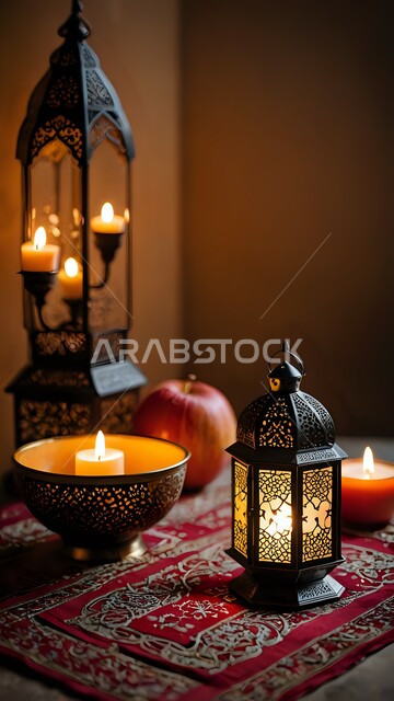 ديكورات وزينة وأنوار الشهر الفضيل، أضواء ومصابيح عربية تقليدية، الأجواء الروحانية في الأيام الفضيلة, الاستعداد لاستقبال رمضان المبارك، الاحتفال بالمناسبات والأعياد الدينية الإسلامية, فانوس مزخرف معدني مضيء محاط بمجموعة من الشموع