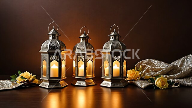 فوانيس مزخرفة معدنية مضيئة، ديكورات وزينة وأنوار الشهر الفضيل، أضواء ومصابيح عربية تقليدية، الأجواء الروحانية في الأيام الفضيلة, الاستعداد لاستقبال رمضان المبارك، الاحتفال بالمناسبات والأعياد الدينية الإسلامية