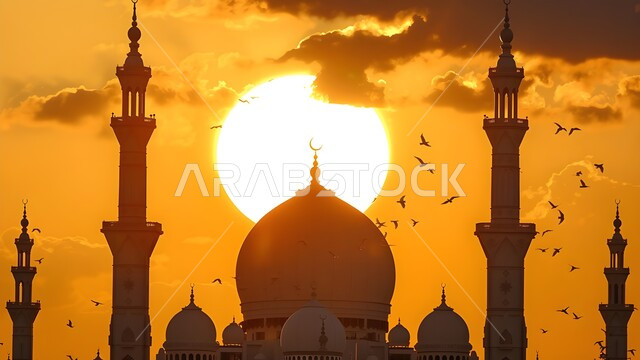 The concept of worship and drawing closer to God Almighty, a silhouette of a mosque at sunset, the call of Muslims to prayer, places for performing religious duties and prayers, domes and minarets in the Islamic style, the architectural art of mosques in the Kingdom of Saudi Arabia, Salulit