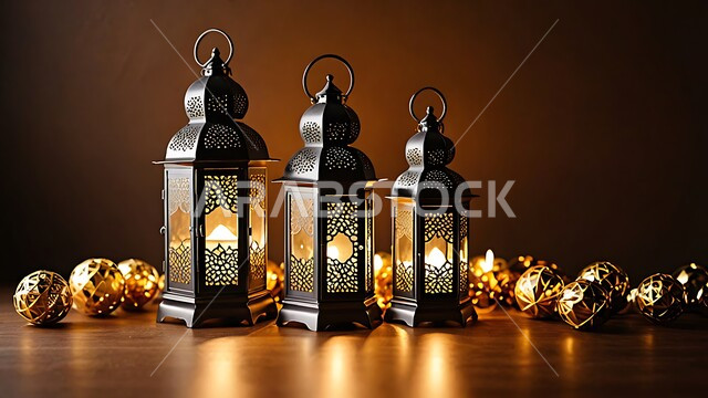 فوانيس مزخرفة معدنية مضيئة، ديكورات وزينة وأنوار الشهر الفضيل، أضواء ومصابيح عربية تقليدية، الأجواء الروحانية في الأيام الفضيلة, الاستعداد لاستقبال رمضان المبارك، الاحتفال بالمناسبات والأعياد الدينية الإسلامية