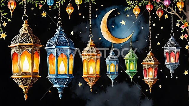 فوانيس مزخرفة معدنية مضيئة، ديكورات وزينة وأنوار الشهر الفضيل، أضواء ومصابيح عربية تقليدية، الأجواء الروحانية في الأيام الفضيلة, الاستعداد لاستقبال رمضان المبارك، الاحتفال بالمناسبات والأعياد الدينية الإسلامية