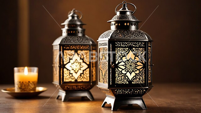 الأجواء الروحانية في الأيام الفضيلة, الاستعداد لاستقبال رمضان المبارك، الاحتفال بالمناسبات والأعياد الدينية الإسلامية، فوانيس مزخرفة معدنية مضيئة، ديكورات وزينة وأنوار الشهر الفضيل، أضواء ومصابيح عربية تقليدية