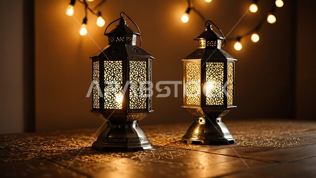 الأجواء الروحانية في الأيام الفضيلة, الاستعداد لاستقبال رمضان المبارك، الاحتفال بالمناسبات والأعياد الدينية الإسلامية، فوانيس مزخرفة معدنية مضيئة، ديكورات وزينة وأنوار الشهر الفضيل، أضواء ومصابيح عربية تقليدية