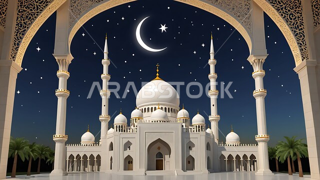 الفن الهندسي المعماري لبناء المساجد في المملكة العربية السعودية، المآذن و القبب على الطراز الإسلامي العصري الحديث، التقرب إلى الله تعالى بالعباده، معالم و أماكن اسلامية مقدسة، منظر الهلال في السماء