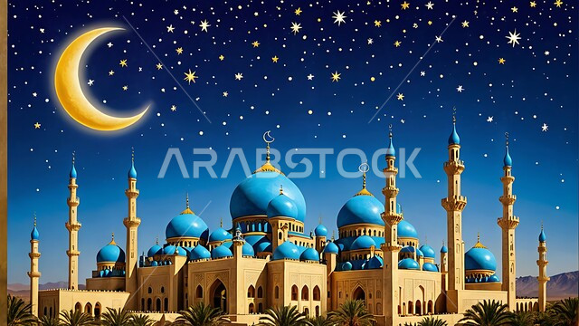 الفن الهندسي المعماري لبناء المساجد في المملكة العربية السعودية، المآذن و القبب على الطراز الإسلامي العصري الحديث، التقرب إلى الله تعالى بالعباده، معالم و أماكن اسلامية مقدسة، منظر الهلال في السماء