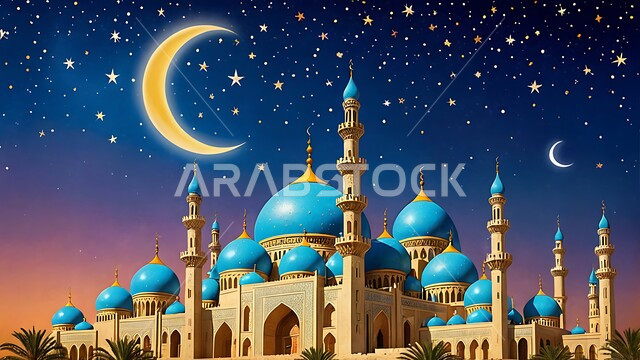 الفن الهندسي المعماري لبناء المساجد في المملكة العربية السعودية، المآذن و القبب على الطراز الإسلامي العصري الحديث، التقرب إلى الله تعالى بالعباده، معالم و أماكن اسلامية مقدسة، منظر الهلال في السماء