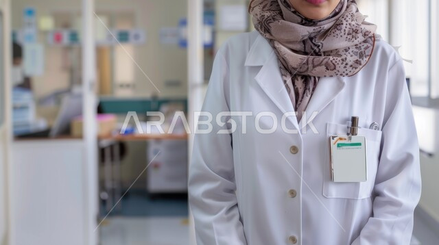 العمل في المستشفيات والمراكز الطبية، صورة مقربة لطبيبة عربية سعودية خليجية محجبة ترتدي المعطف الأبيض, المهن والوظائف النسائية، مفهوم الطب والرعاية الصحية، الاستعداد لتقديم الخدمات