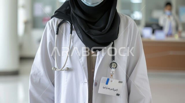 مفهوم الطب والرعاية الصحية، الاستعداد لتقديم الخدمات، صورة مقربة لطبيبة عربية سعودية خليجية محجبة ترتدي المعطف الأبيض وسماعات الفحص, المهن والوظائف النسائية، العمل في المستشفيات والمراكز الطبية