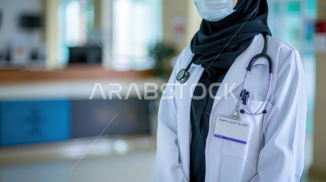 الاستعداد لتقديم الخدمات، صورة مقربة لطبيبة عربية سعودية خليجية محجبة ترتدي المعطف الأبيض وسماعات الفحص, مفهوم الطب والرعاية الصحية، المهن والوظائف النسائية، العمل في المستشفيات والمراكز الطبية