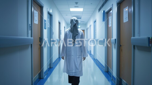 المهن والوظائف النسائية، العمل في المستشفيات والمراكز الطبية، صورة من الخلف لطبيبة عربية سعودية خليجية محجبة ترتدي المعطف الأبيض تقف باستقامة في ممر المستشفى, مفهوم الطب والرعاية الصحية، الاستعداد لتقديم الخدمات
